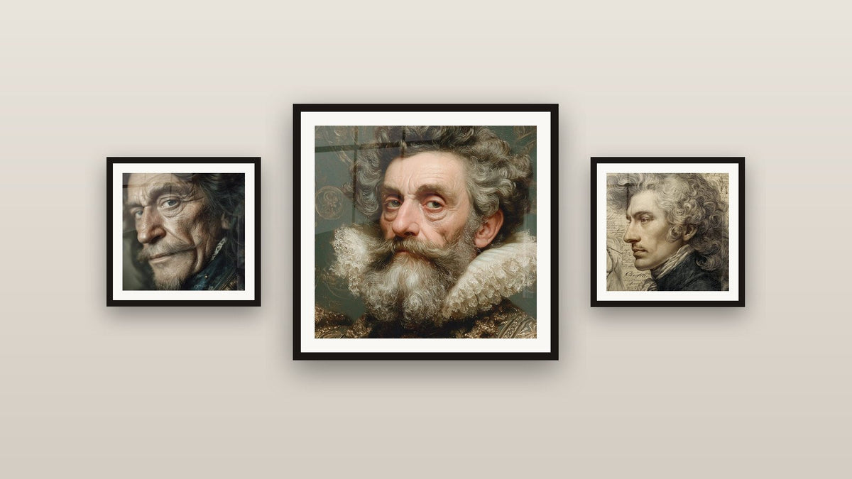Mur de galerie avec trois tableaux encadrés, dont Portrait Noblesse Intemporelle et Richelieu Regard Éternel