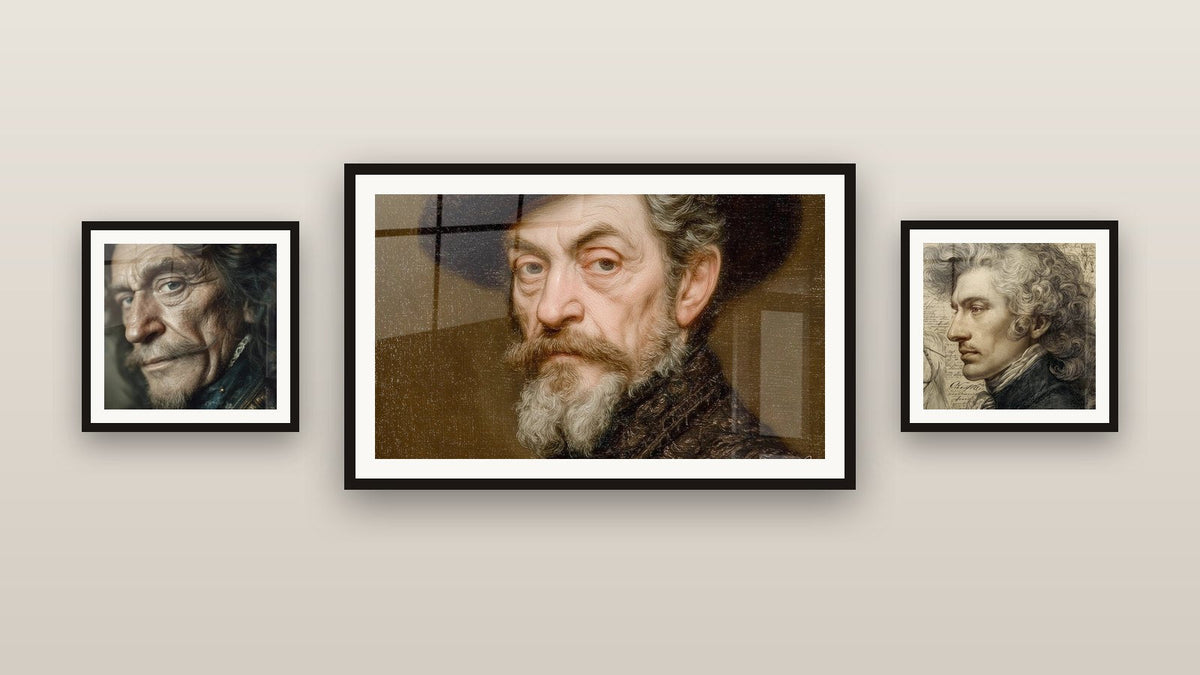 Mur de galerie avec trois tableaux encadrés : Richelieu Regard Éternel, Portrait Temps Gravé et Portrait Maître Penseur
