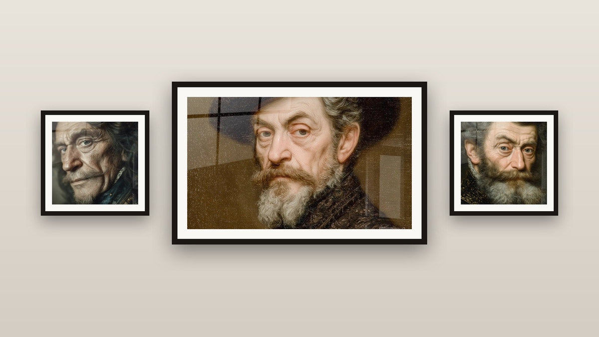 Mur de galerie avec trois tableaux encadrés : Richelieu Regard Éternel, Portrait Maître Penseur et Portrait Maître Intemporel