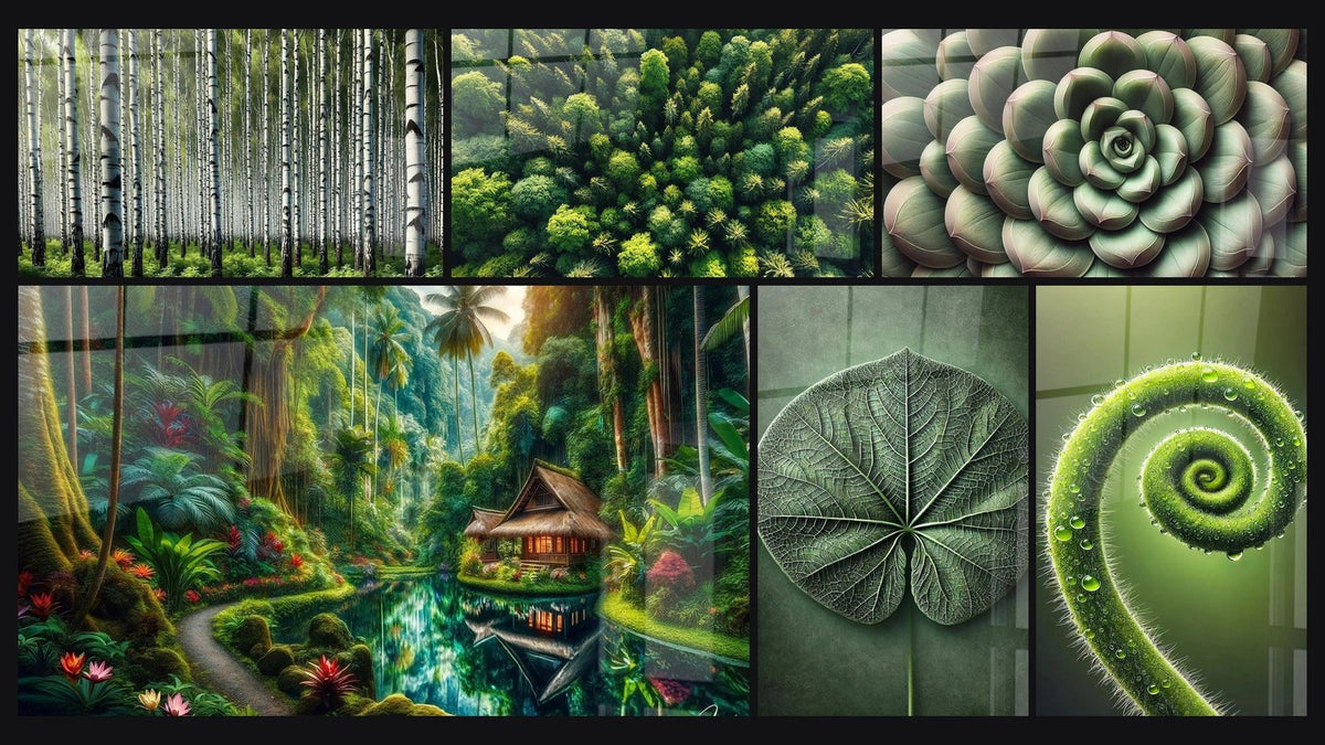 Mosaïque de six tableaux, dont Mur de Tronc, Poumon de la Terre et Refuge Tropical au Cœur du Silence