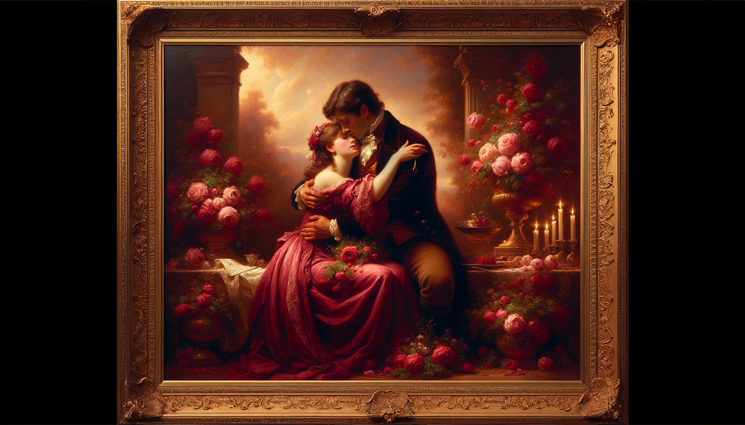 Peinture romantique classique représentant des amoureux enlacés, tons roses et bordeaux, style Saint-Valentin intemporel