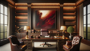 Tableau abstrait à dominante rouge dans un cabinet d'avocat élégant avec boiseries sombres et mobilier classique