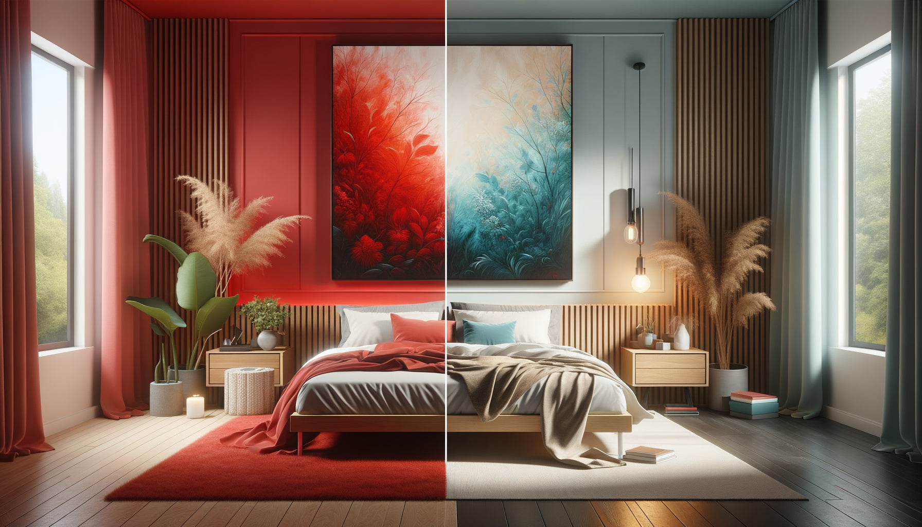 Comparaison chambre avec tableau rouge stimulant versus tableau aux tons doux apaisants pour le sommeil