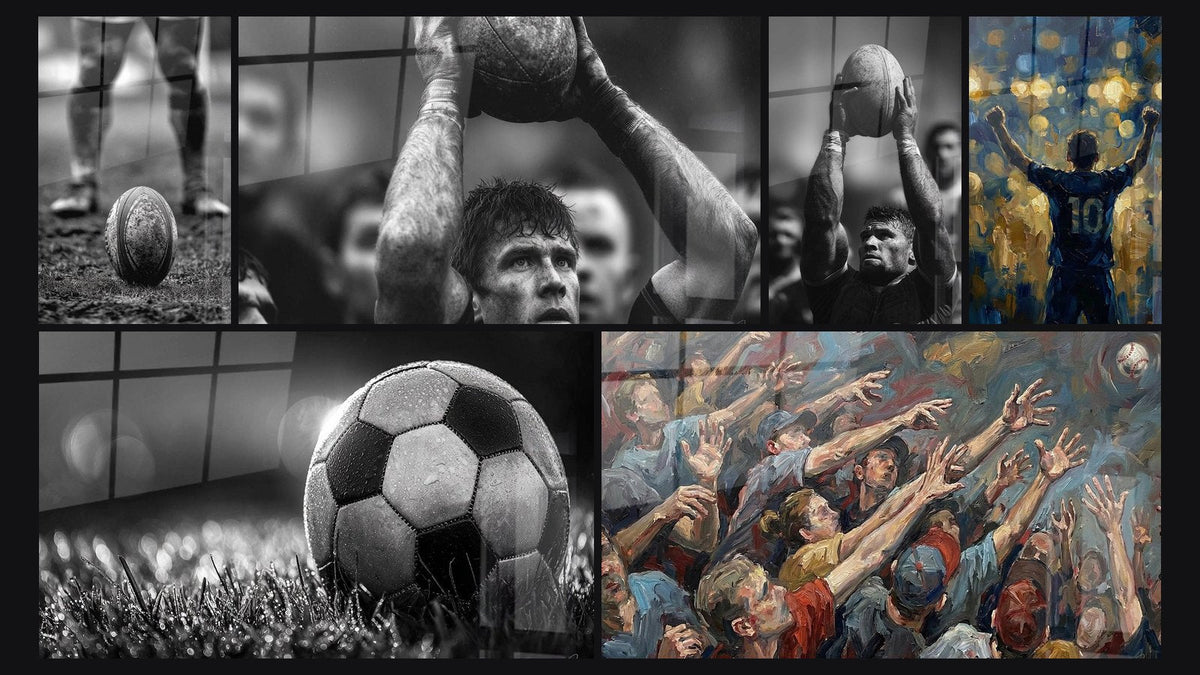Mosaik aus sechs Gemälden, darunter Rugbyspieler, Fußball-Ballon auf Spielfeld und Baseball Menge