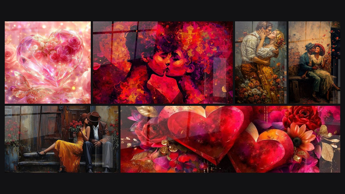 Mosaïque de six tableaux, dont Cœur Cristal des Sentiments Purs et Couple Rendez-vous aux roses rouges