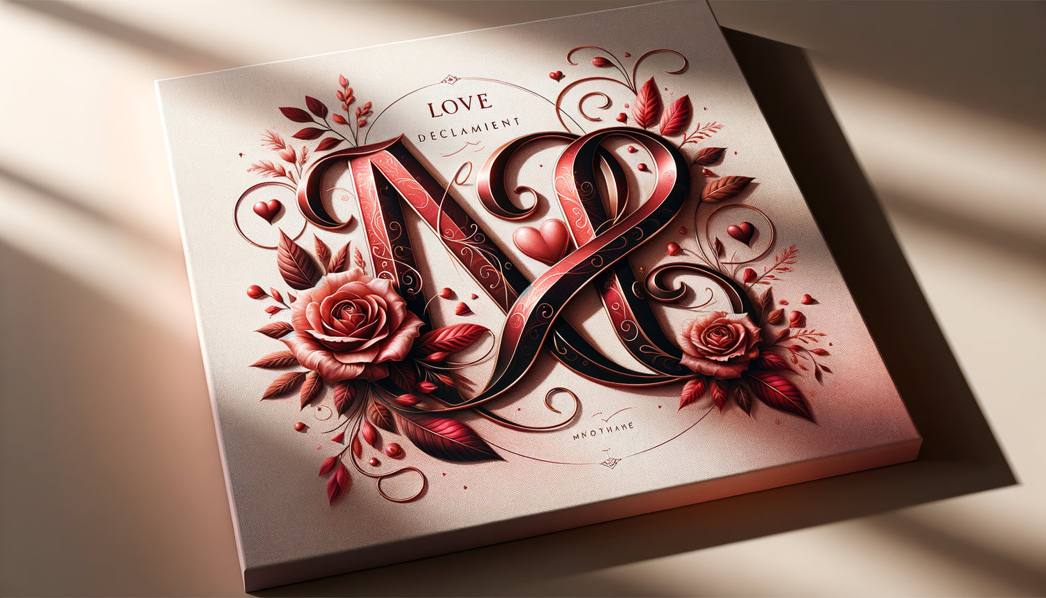 Tableau Saint-Valentin personnalisé avec initiales entrelacées style calligraphique romantique, couleurs rouge et or rose