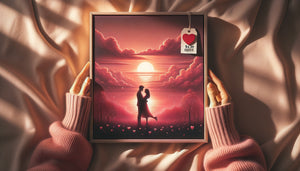 Tableau romantique avec étiquette de soldes tenu dans les mains, symbolisant le dilemme d'achat Saint-Valentin