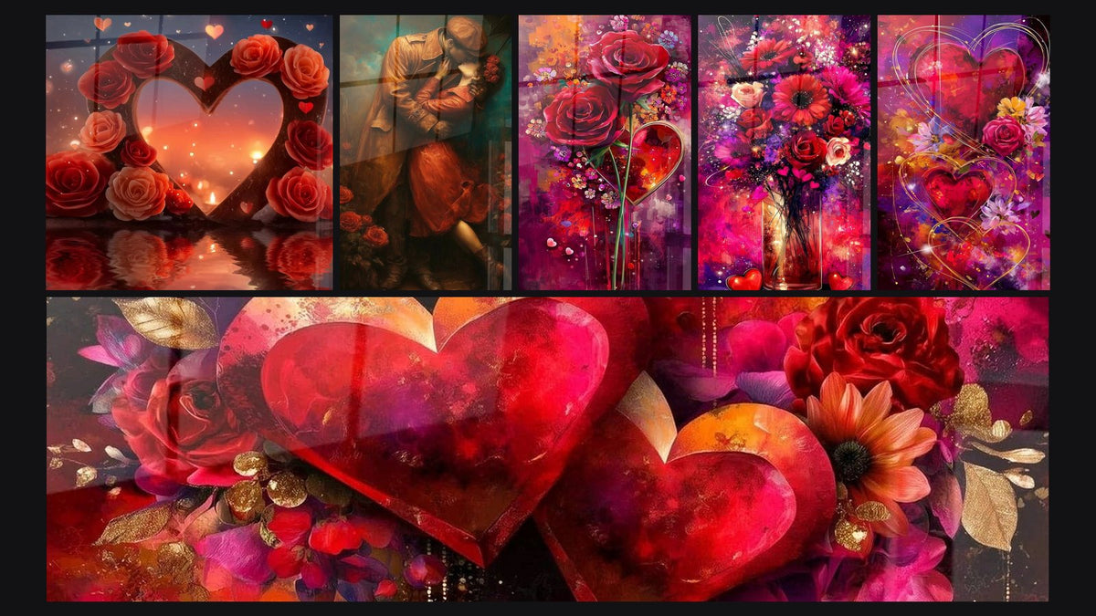 Mosaïque de six tableaux, dont Cœur Passion Éternelle, Couple La Valse des Cœurs Enlacés et Cœurs Opulence Rosée