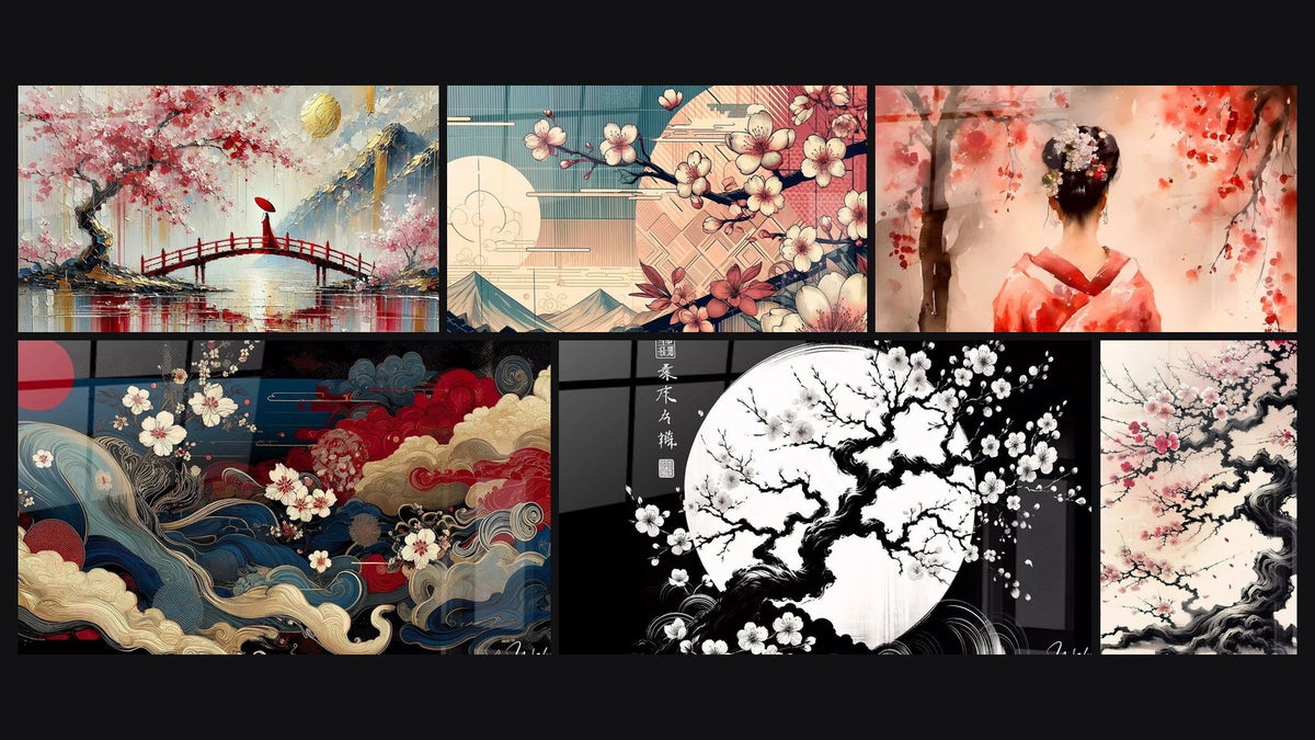 Mosaïque de six tableaux, dont Passage sous le Sakura, Rêve en Soie et Jardin en Fleurs