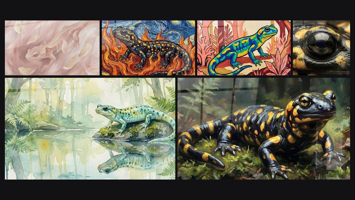 Mosaic of six paintings, including Powder Pink Salamander in Golden Haze