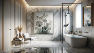 Tableau encadré en plexiglas et aluminium décorant une salle de bain moderne avec douche