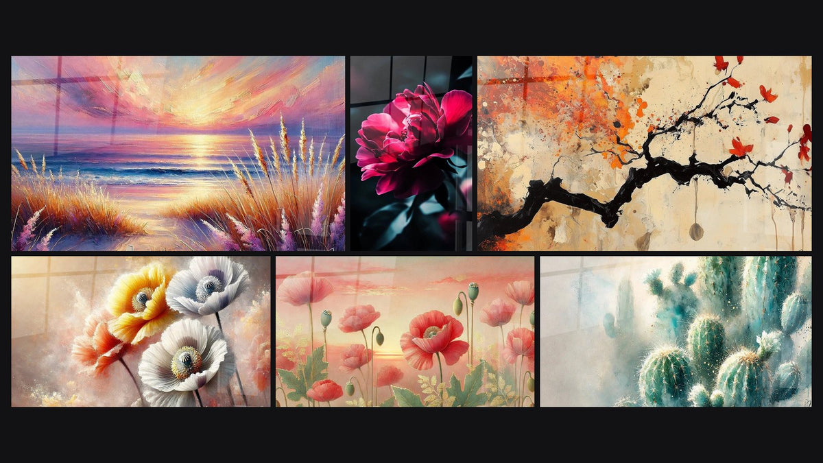 Mosaïque de six tableaux, dont Beauté du Soir, Beauté Éphémère et Beauté Printanière