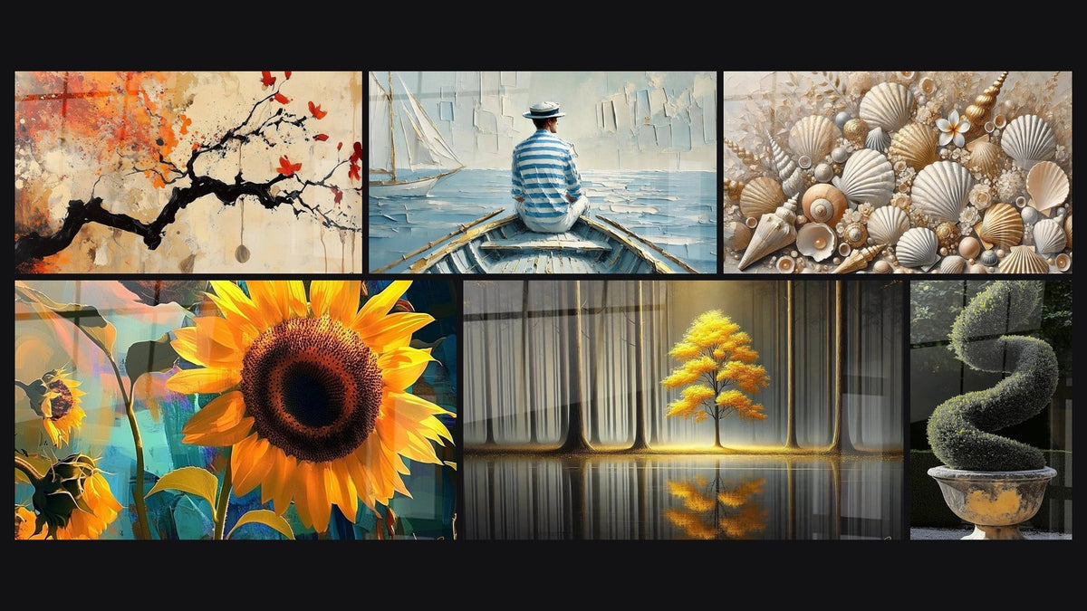Mosaico de seis cuadros, entre ellos Terracota N°4, Girasol N°1 y El Arte del Agua