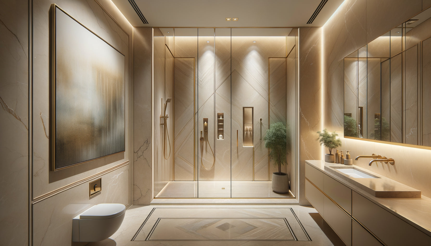 Tableau encadré positionné stratégiquement sur mur de salle de bain élégante, loin de la douche vitrée