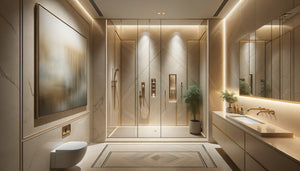 Tableau encadré positionné stratégiquement sur mur de salle de bain élégante, loin de la douche vitrée