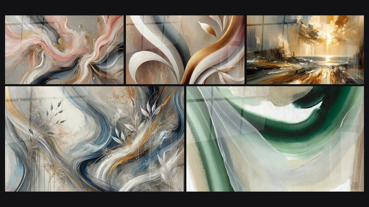 Mosaïque de cinq tableaux, dont Flots de Soie, Nuances Enveloppantes et Soie d'Émeraude