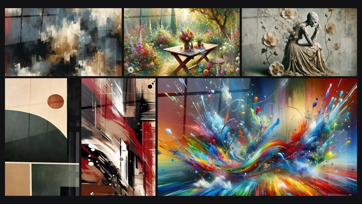 Mosaïque de six tableaux, dont Chaos Organisé, Table Champêtre et Équilibre Géométrique