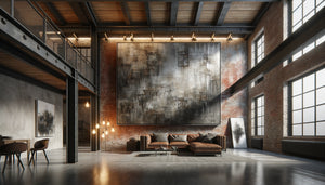 Salon industriel contemporain avec mur de briques exposées et tableau abstrait texturé aux tons béton et métal