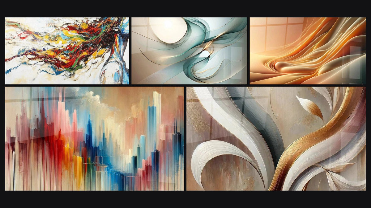 Mosaïque de cinq tableaux, dont Muse Moderne, Valse des Courbes Lumineuses et Souffle de Couleurs