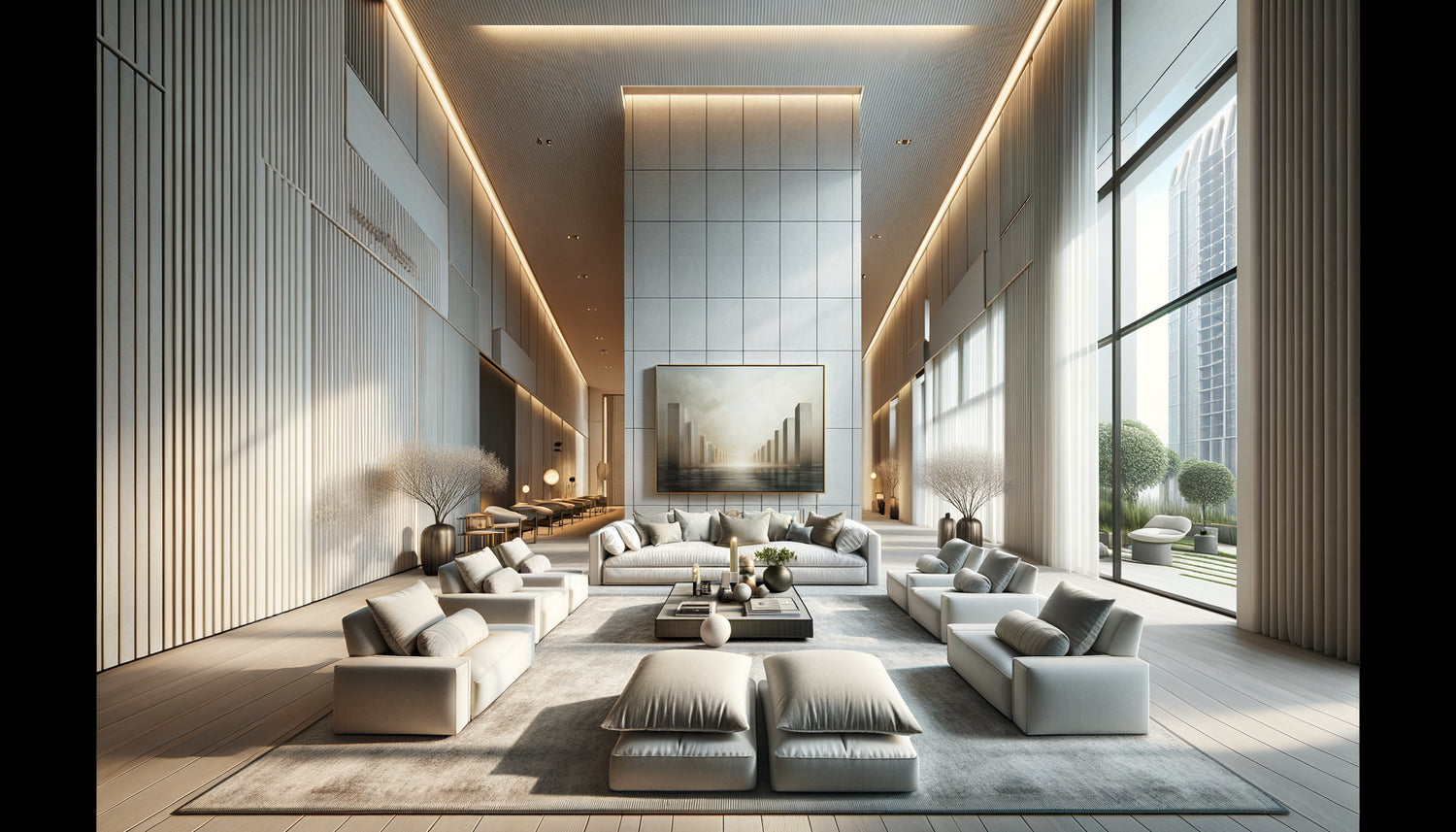 Salon contemporain avec plafond haut et grand tableau moderne parfaitement proportionné sur le mur