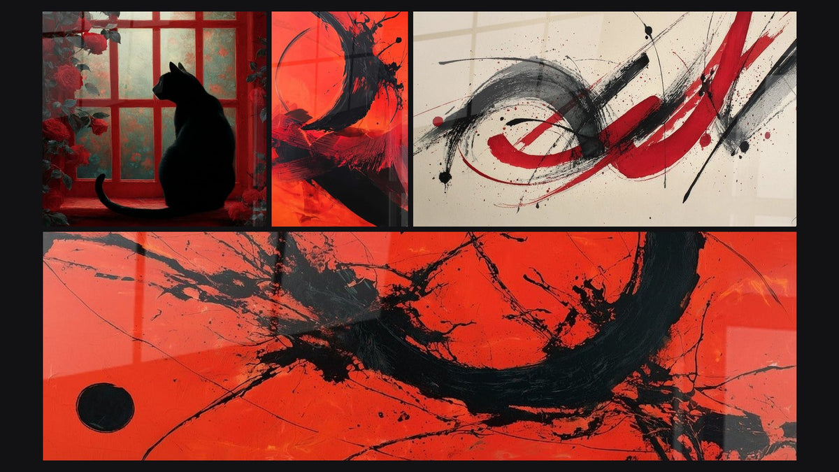 Mosaïque de quatre tableaux, dont Abstrait rouge et noir explosion gestuelle et Mouvement gestuel
