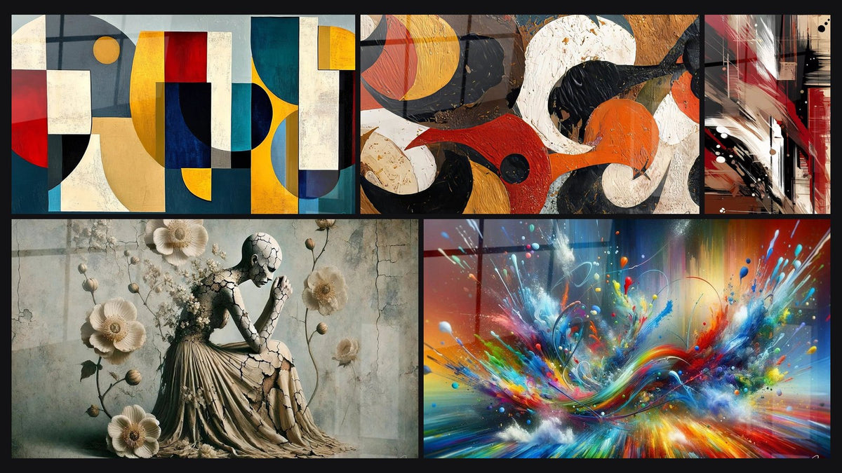 Mosaic of five paintings, including Colored geometric shapes, Abstract Circular Shapes and Structured Disorder Abstract