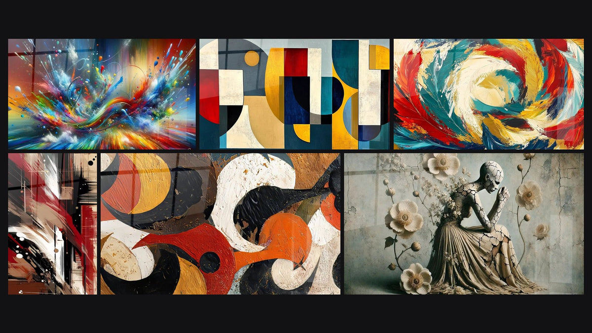 Mosaïque de six tableaux, dont Big Bang Artistique Éclatant, Formes géométriques colorées et Désordre Structuré