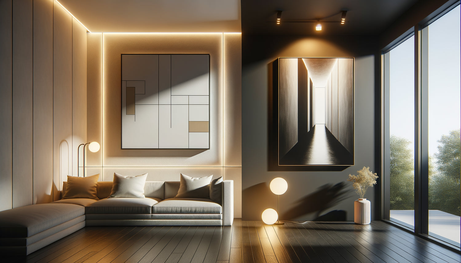 Comparaison éclairage indirect sur tableau traditionnel avec ombre versus impression plane sans ombre en intérieur contemporain