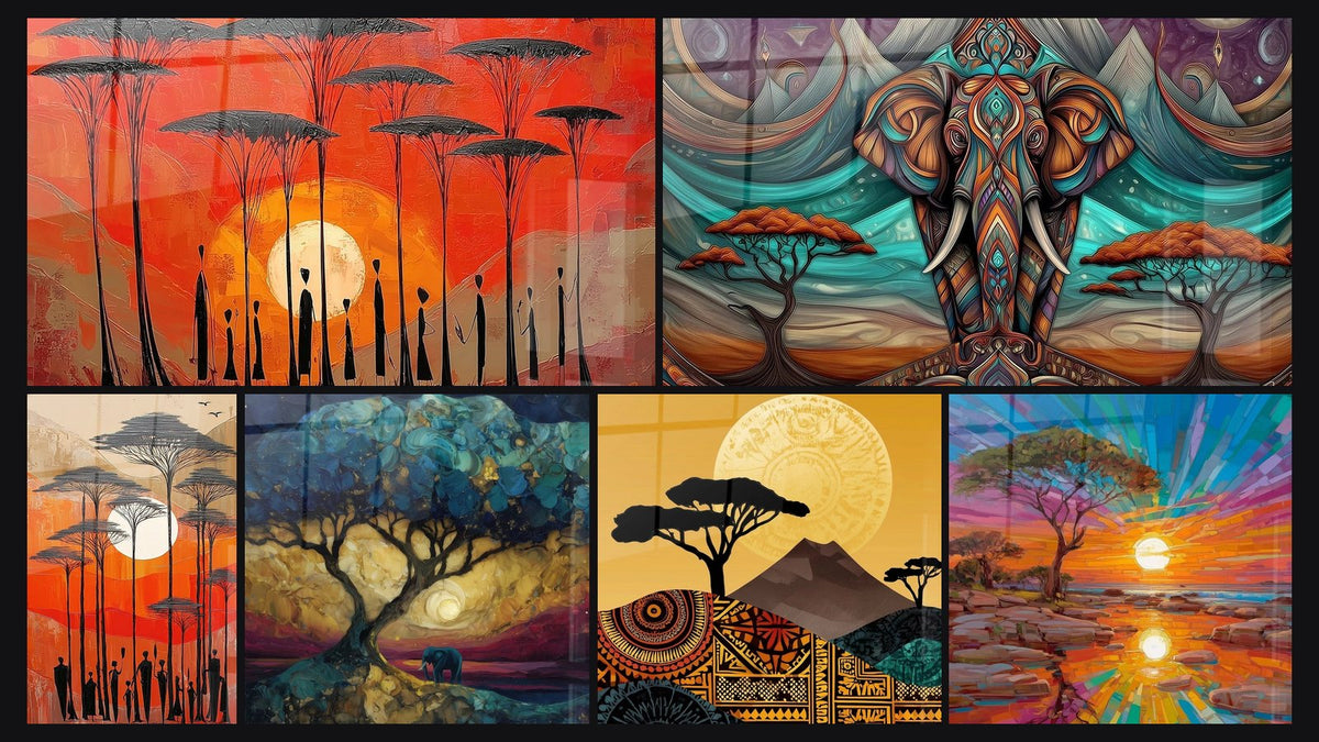 Mosaïque de six tableaux, dont Coucher de Soleil Savane, Coucher de Soleil Africain et Éléphant Mémoire de la Savane