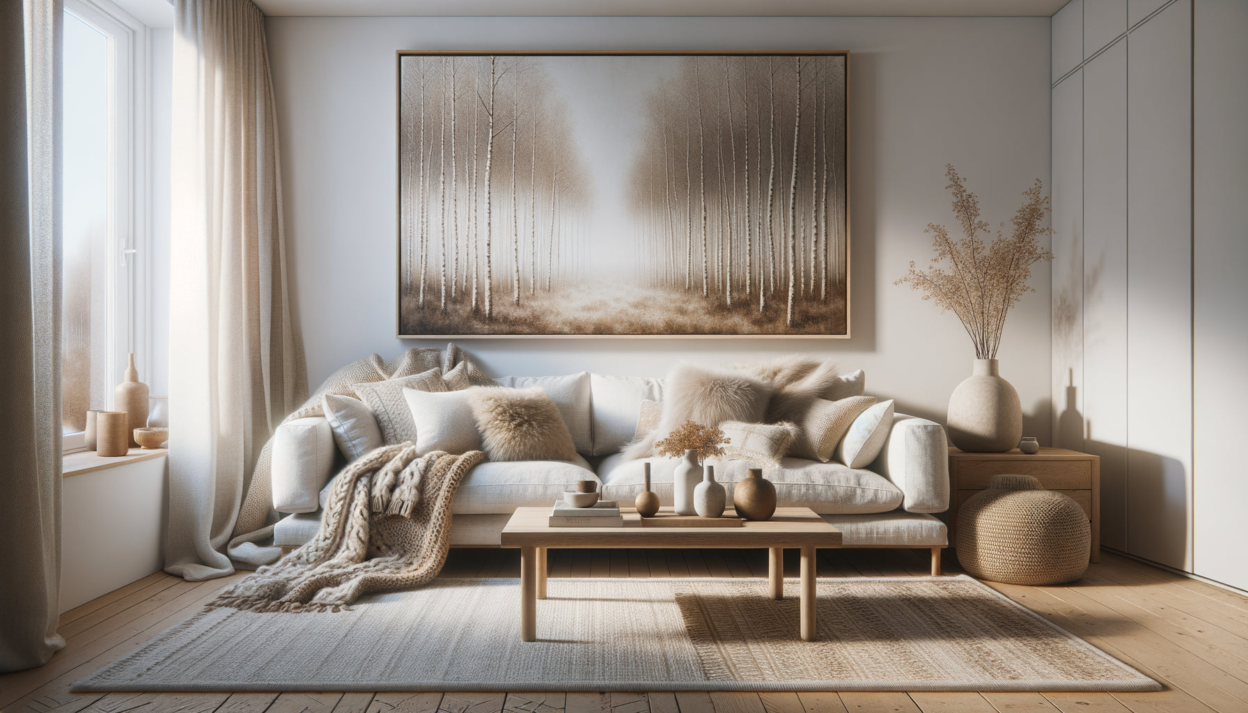 Intérieur Airbnb scandinave hygge avec tableau minimaliste forêt nordique, canapé cosy, textiles naturels