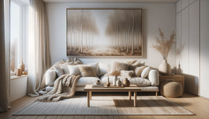 Intérieur Airbnb scandinave hygge avec tableau minimaliste forêt nordique, canapé cosy, textiles naturels