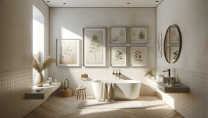 Salle de bain contemporaine scandinave avec tableaux minimalistes botaniques aux tons neutres et cadres noirs