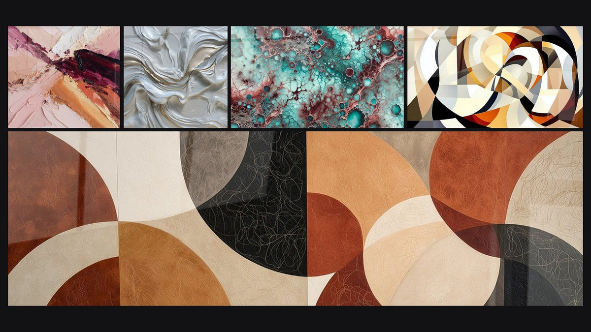 Mosaïque de cinq tableaux, dont Abstrait tourbillons blanc nacré et doré, Essence de Grenat et Formes circulaires entrelacées
