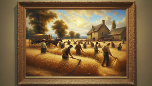 Tableau de scène agricole traditionnelle années 1940-50 représentant des moissonneurs dans un champ de blé doré