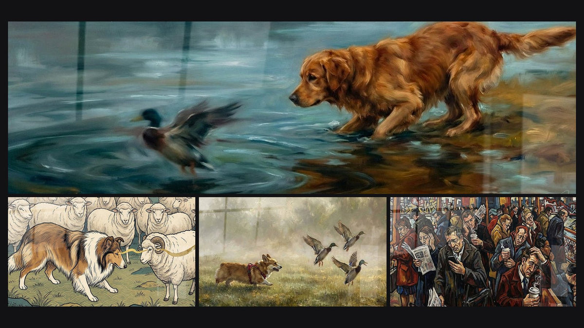 Mosaïque de quatre tableaux, dont Golden Retriever et Canard en Action