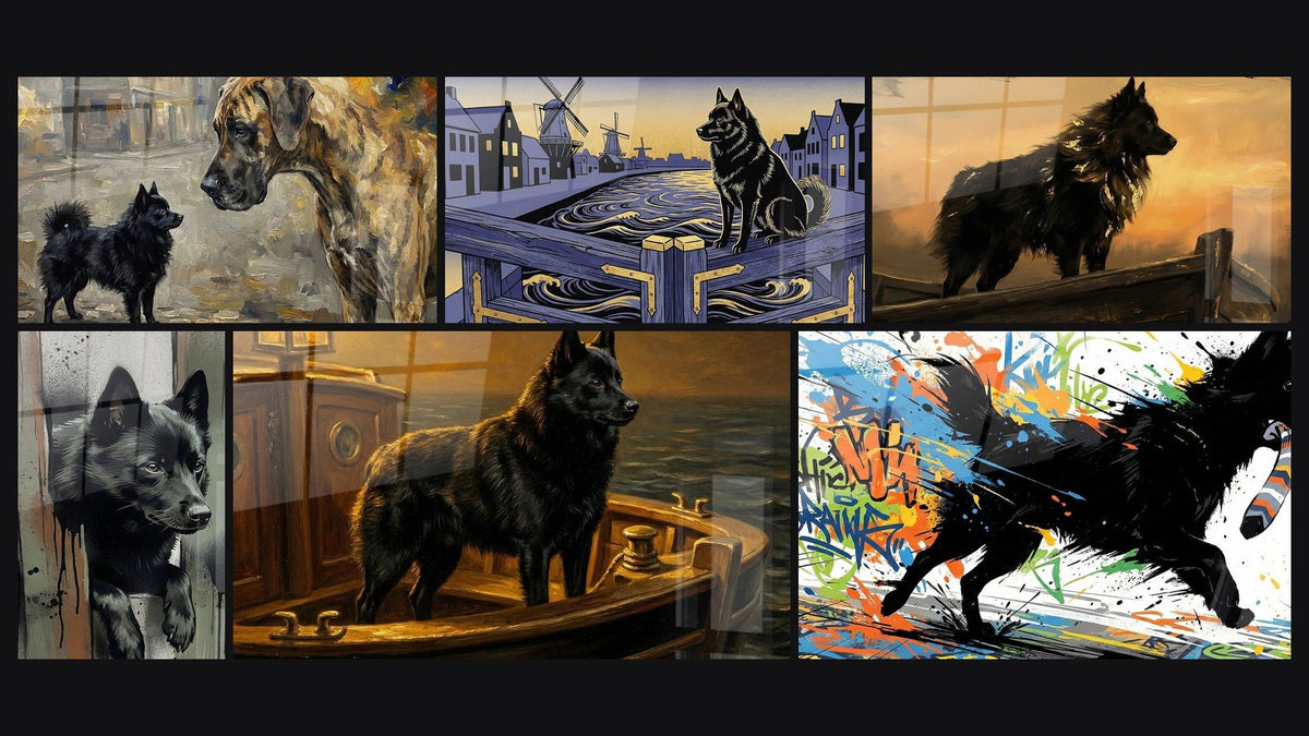 Mosaïque de six tableaux, dont Chiot Noir et Gris Style Graffiti Urbain