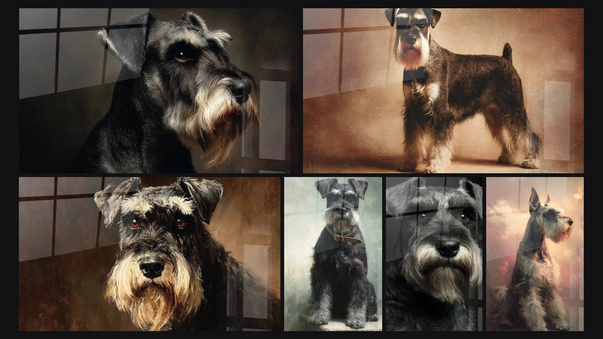 Mosaico di sei quadri, tra cui Schnauzer Grigio e Nero con Occhi Dorati e Schnauzer Pepe e Sale in Posa Maestosa