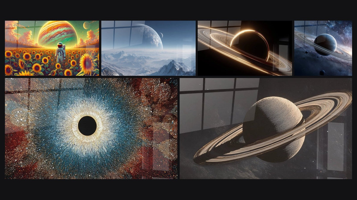 Mosaïque de six tableaux, dont Espace N°4, Planète extraterrestre et Œil cosmique