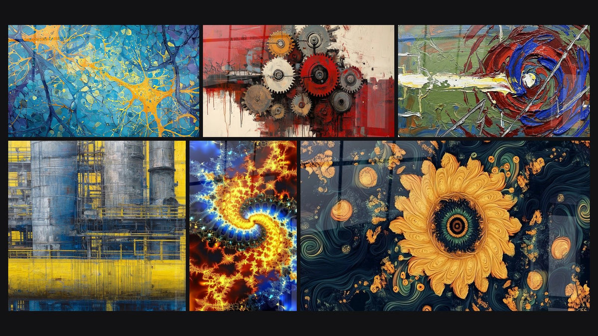 Mosaïque de six tableaux, dont Réseau de Neurones, Complexe industriel abstrait et Fractale cosmique