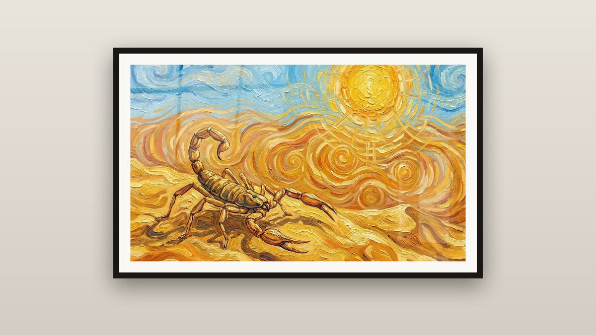 Tableau encadré sur un mur : Scorpion Doré sur Dunes Tourbillonnantes