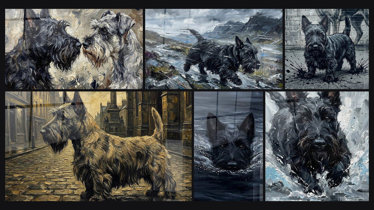 Mosaïque de six tableaux, dont Duo de Scottish Terriers Gris et Blanc et Chien Gris en Balade Urbaine