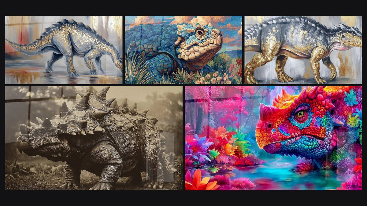 Mosaïque de cinq tableaux, dont Dinosaure Blindé, Scutosaurus Majestueux et Scutosaurus Doré