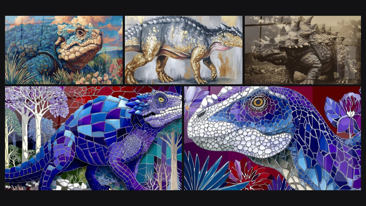 Mosaïque de cinq tableaux, dont Scutosaurus Majestueux, Scutosaurus Doré et Scutosaurus Préhistorique