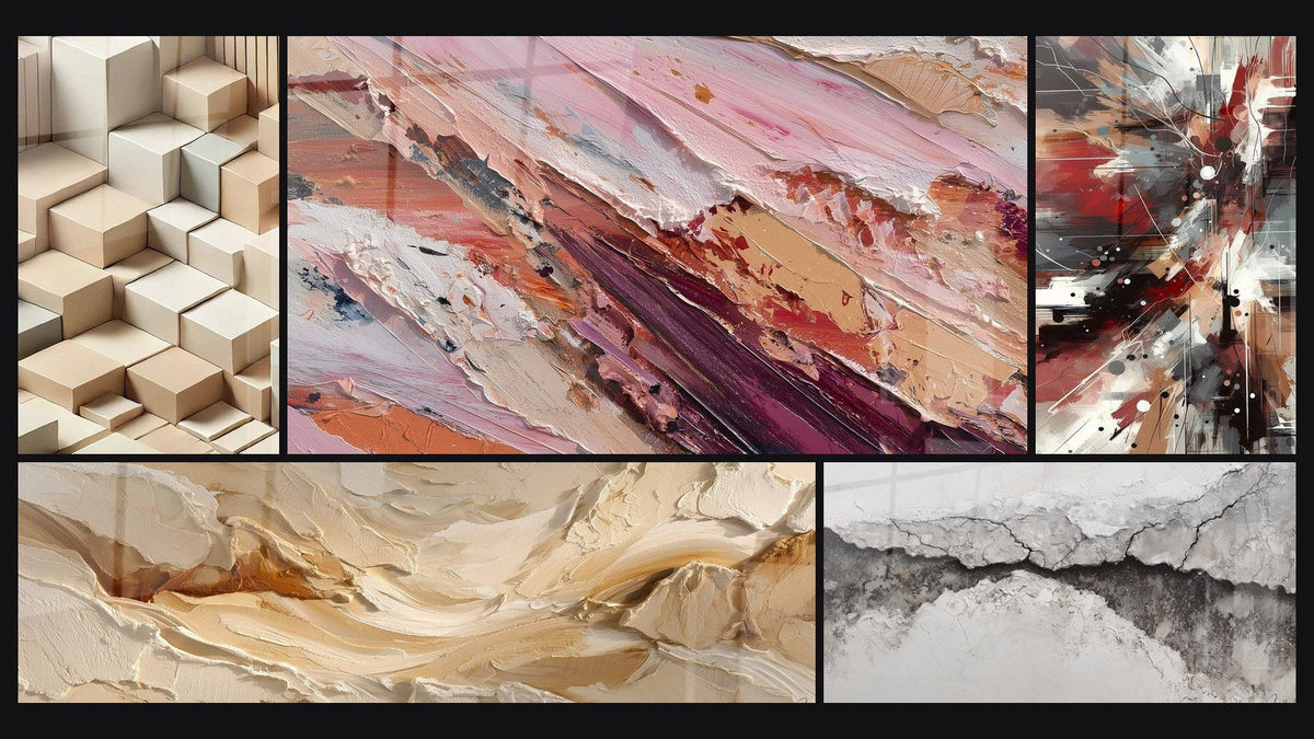 Mosaïque de cinq tableaux, dont Minimalisme Sculpté, Abstrait aux nuances roses et terres et Bruit Dynamique Explosive