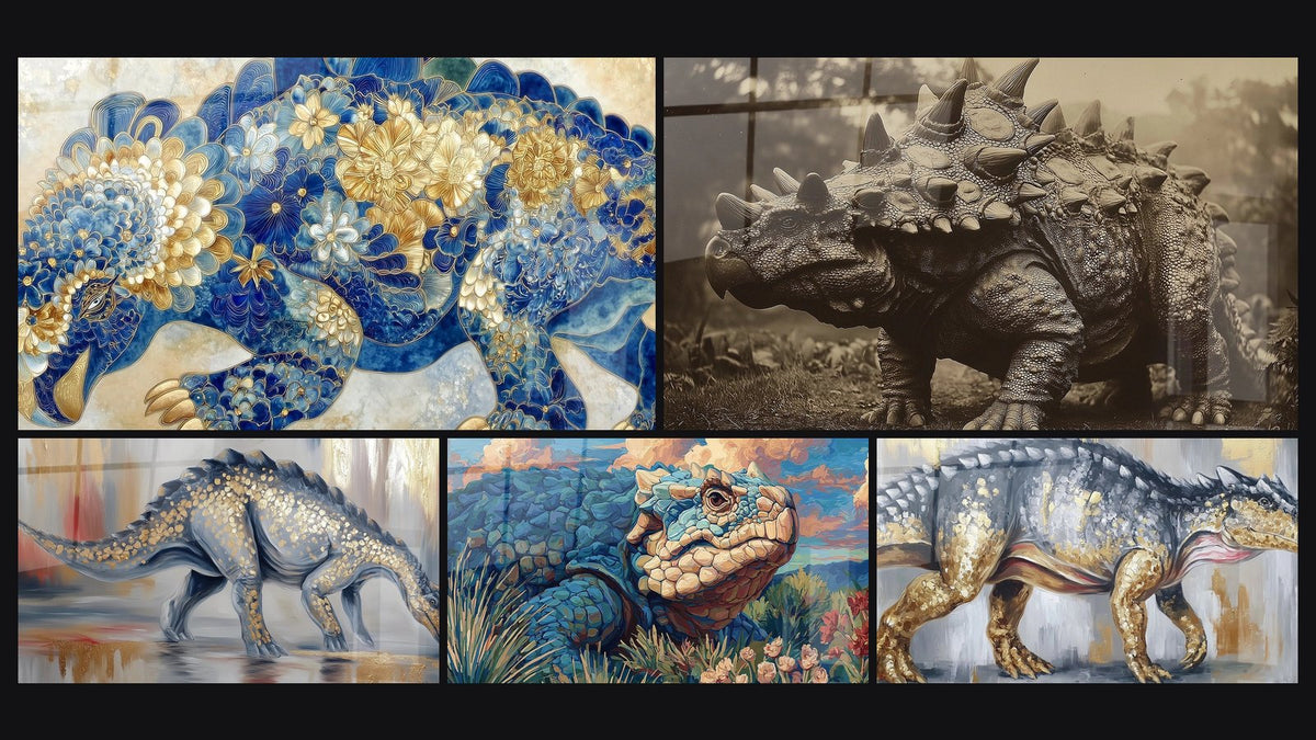 Mosaic of five paintings, including Ornamental Scutosaurus, Armored Dinosaur and Majestic Scutosaurus