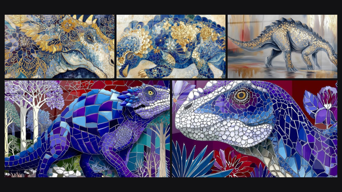 Mosaïque de cinq tableaux, dont Scutosaurus Doré, Dinosaure Mosaïque et Dinosaure Scutosaurus