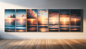 Séquence photographique progressive en quatre panneaux racontant l'évolution d'un coucher de soleil océanique