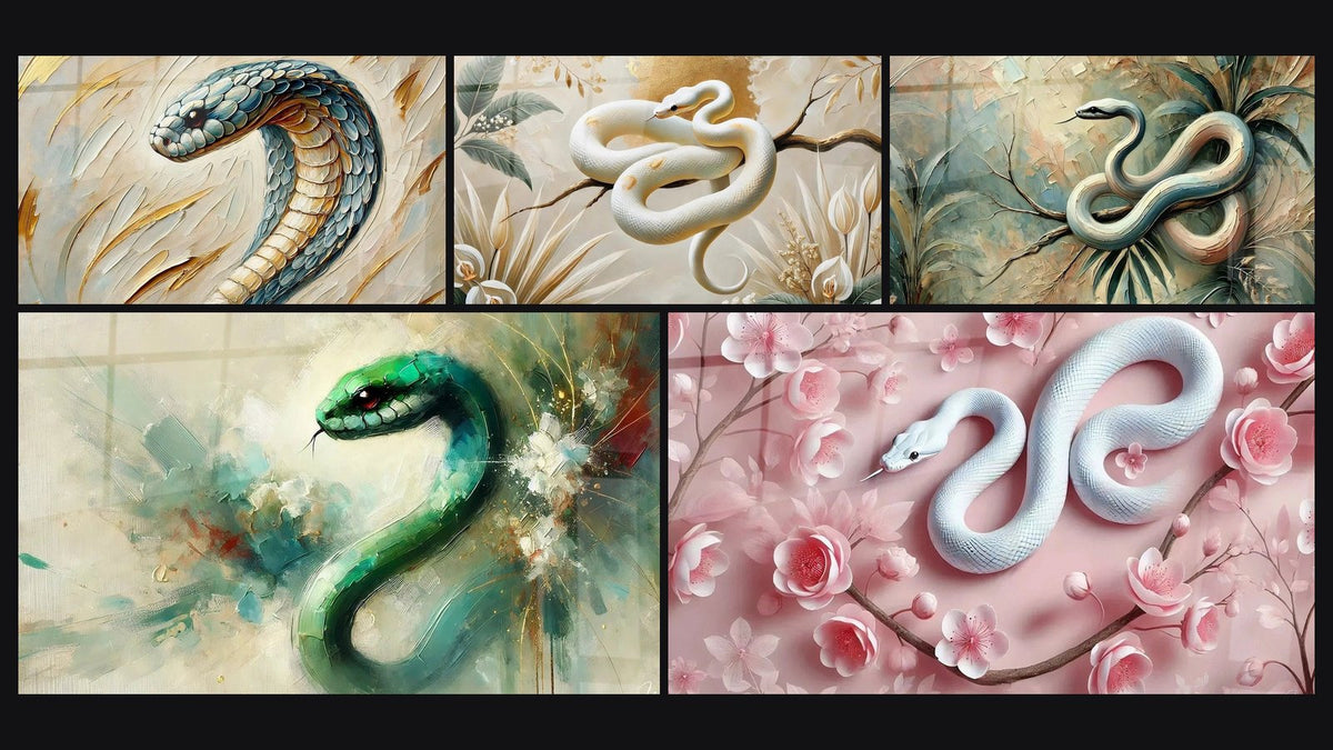 Mosaico de cinco cuadros, entre ellos Guardián del Oro Azul, Serpiente de Luz y Despertar de la Esmeralda