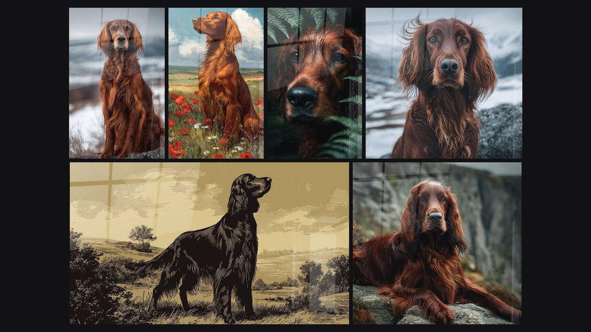 Mosaico de seis cuadros, entre ellos Perro Rojo Sentado en una Roca Invernal y Perro Rojo en Helechos