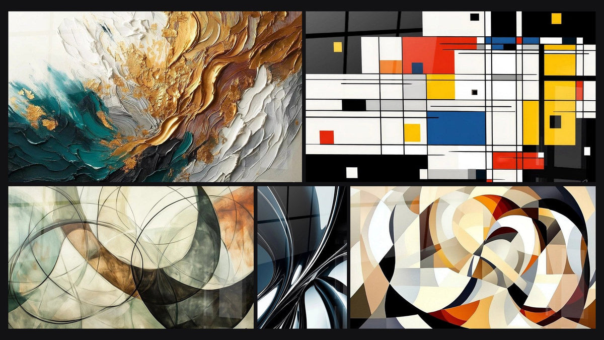 Mosaïque de cinq tableaux, dont Trace en Or et Jade, Les Liens Invisibles et Spirale métallique chromée